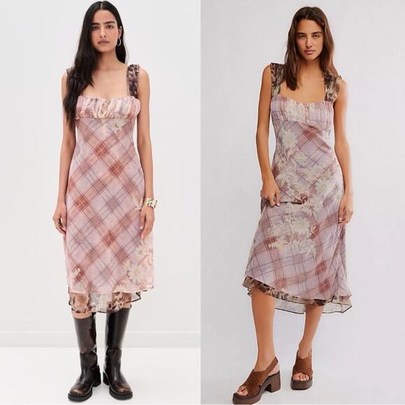 Free People Dresses & Skirts - Free People Femme Grunge 90s Y2K Morning Dew Plaid Floral Midi Slip Dress XL